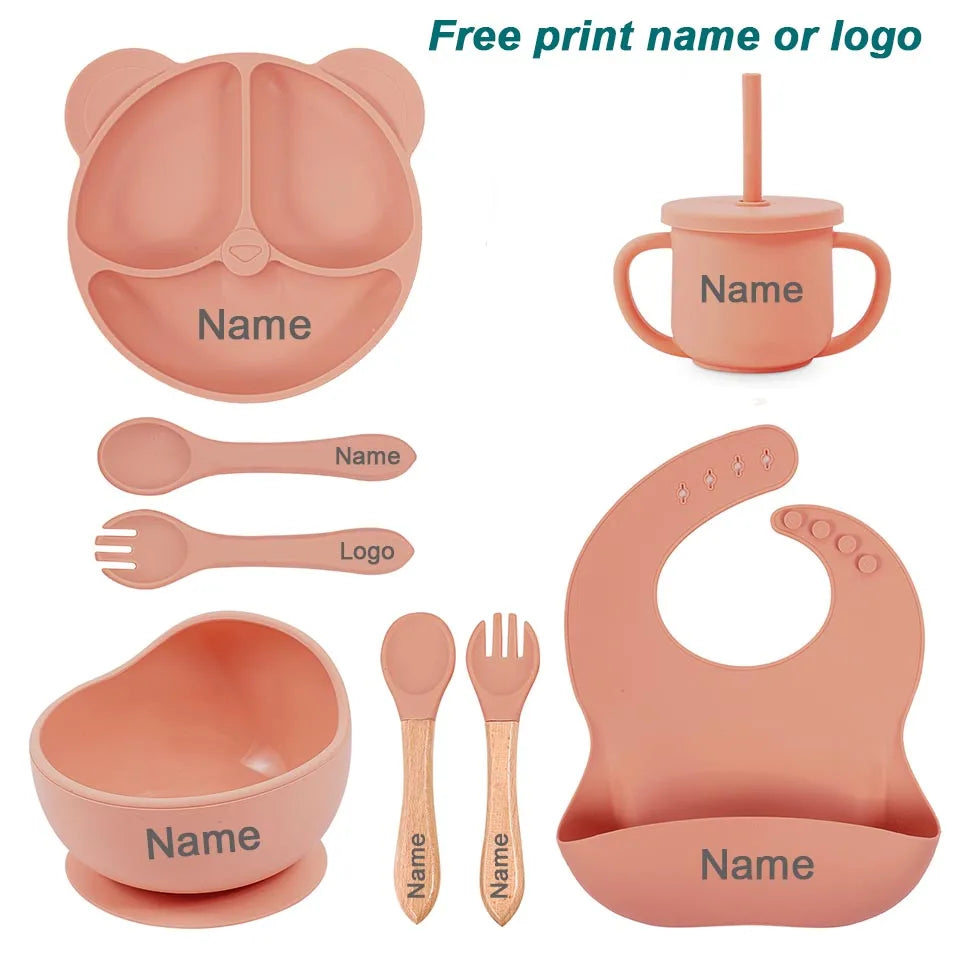 Vajilla de silicona para niños, juego de alimentación de bebé, plato de dibujos animados, nombre personalizado, taza con ventosa, plato, babero, regalo para recién nacido, 8 Uds./5 uds.