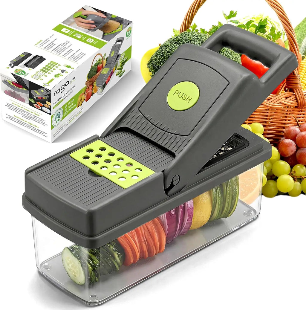 Cortador de Verduras 12 en 1 con 8 Cuchillas de Acero Inoxidable, Colador de Frutas y Verduras, Mandolina para Uso Doméstico y en la Cocina