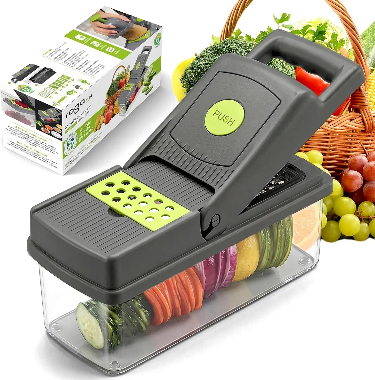Cortador de Verduras 12 en 1 con 8 Cuchillas de Acero Inoxidable, Colador de Frutas y Verduras, Mandolina para Uso Doméstico y en la Cocina