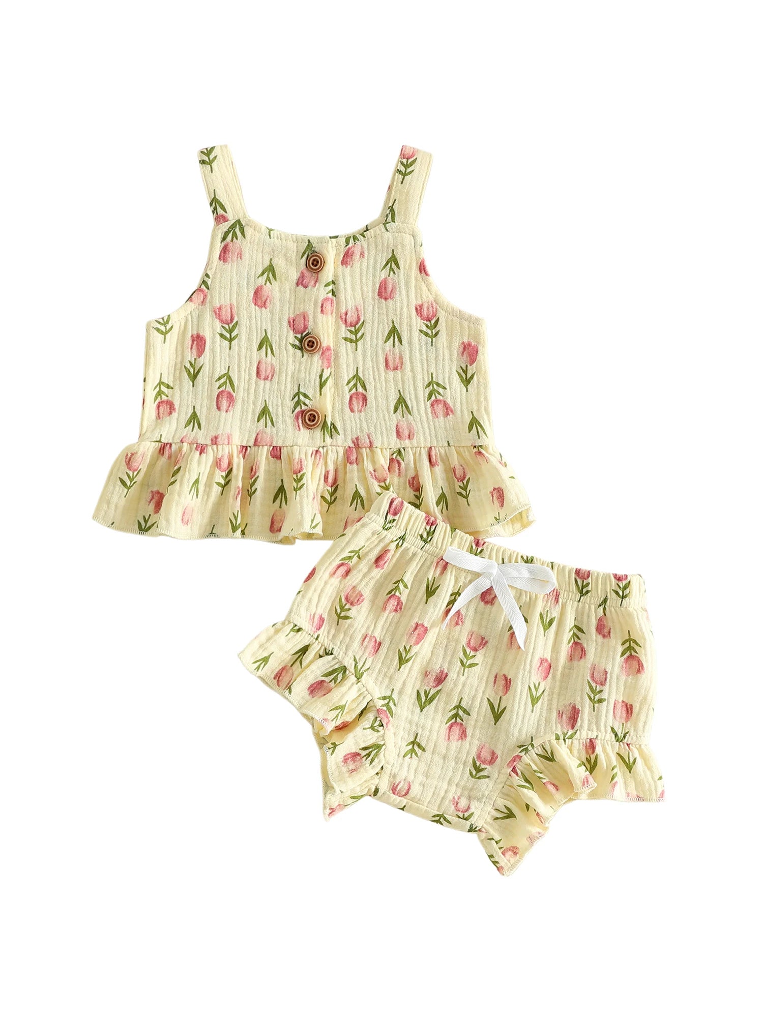 Lioraitiin Conjunto de verano para niñas con estampado floral de tulipanes, sin mangas, cuello cuadrado, camisetas sin mangas, pantalones cortos elásticos con volantes, conjunto de 2 piezas