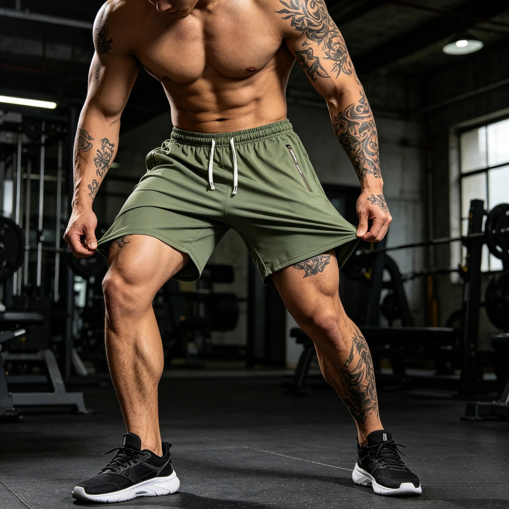 Pantalones cortos de verano para hombre, de color liso, deportivos y casuales, cintura elástica con cordón, bolsillos laterales con cremallera, corte holgado, tela de alta elasticidad