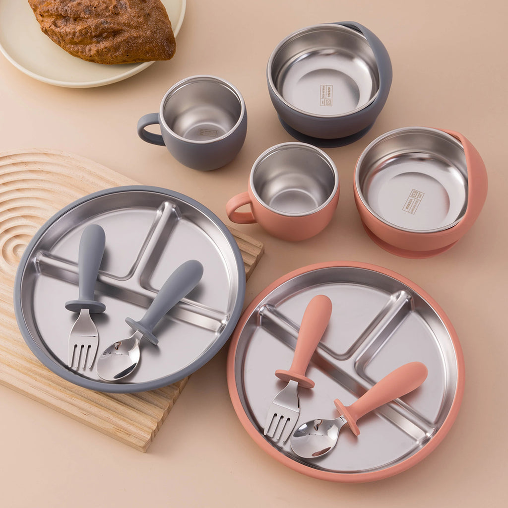 Juego de alimentación de bebé con plato de platos de acero inoxidable, cuenco con ventosa de silicona desmontable, sin BPA, tenedor infantil, cuchara, regalos, 5 uds.