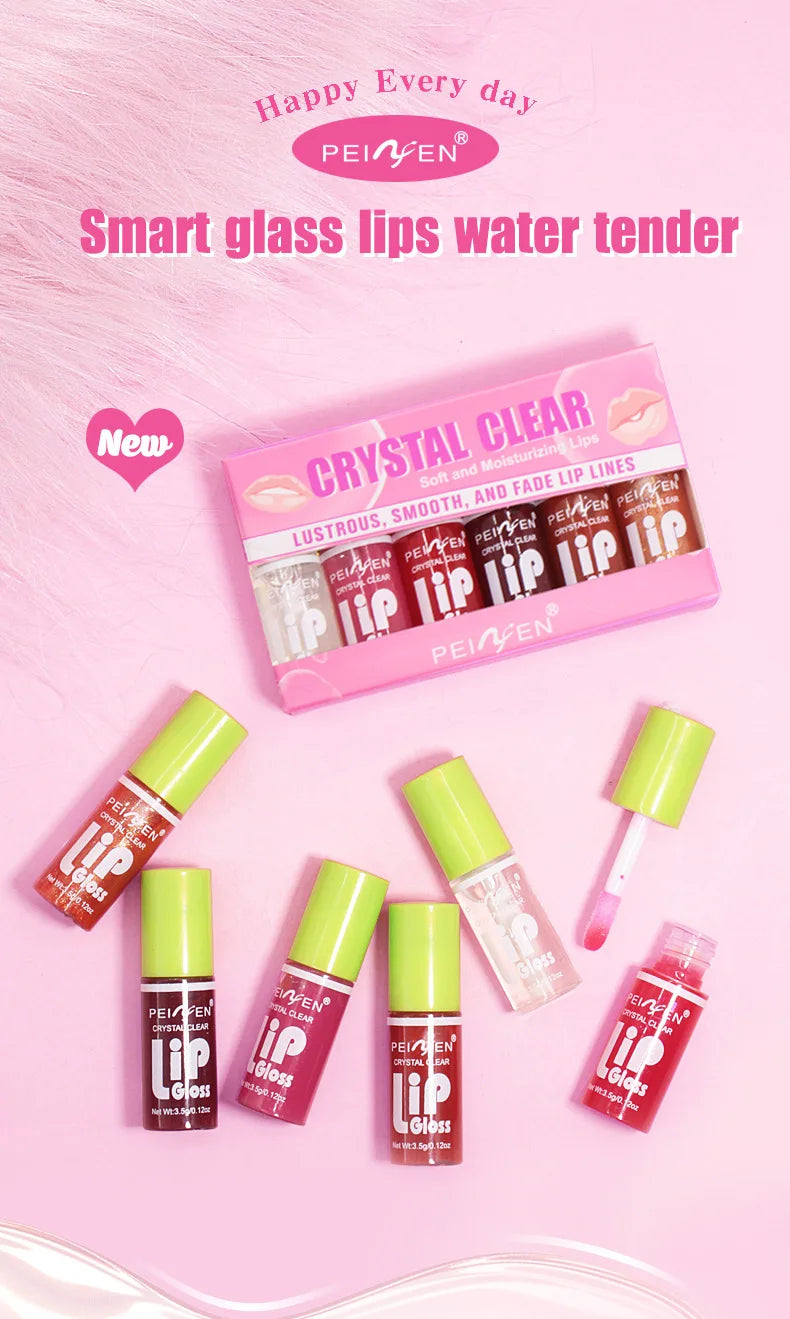 Juego de 6 piezas de brillo de labios con espejo de cristal, bálsamo labial ligero hidratante, brillo brillante, tinte transparente, melocotón, cereza, rosa
