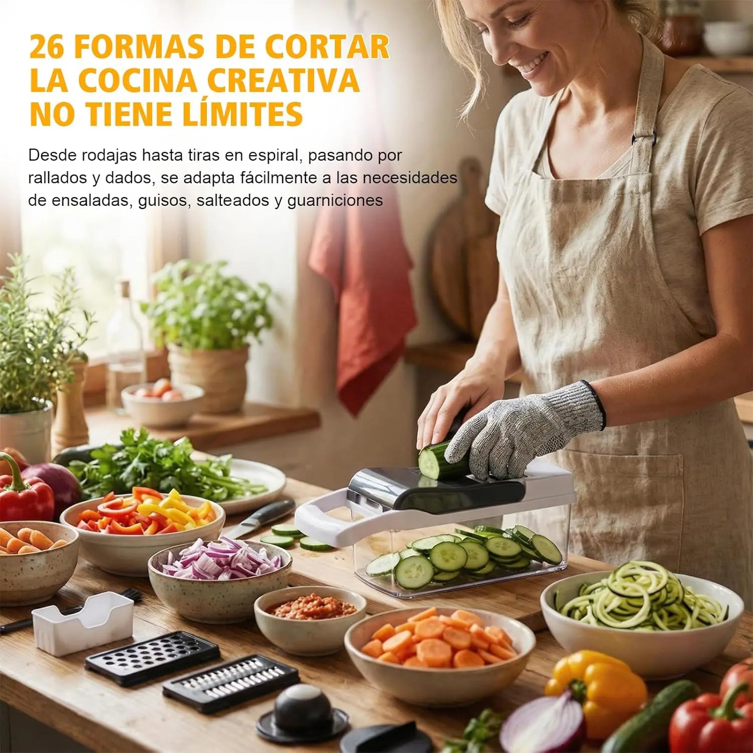 Picador de Verduras 26 en 1 con Cuchillas de Acero Inoxidable, Espiralizador, Rallador, Protector de Manos para Rebanar