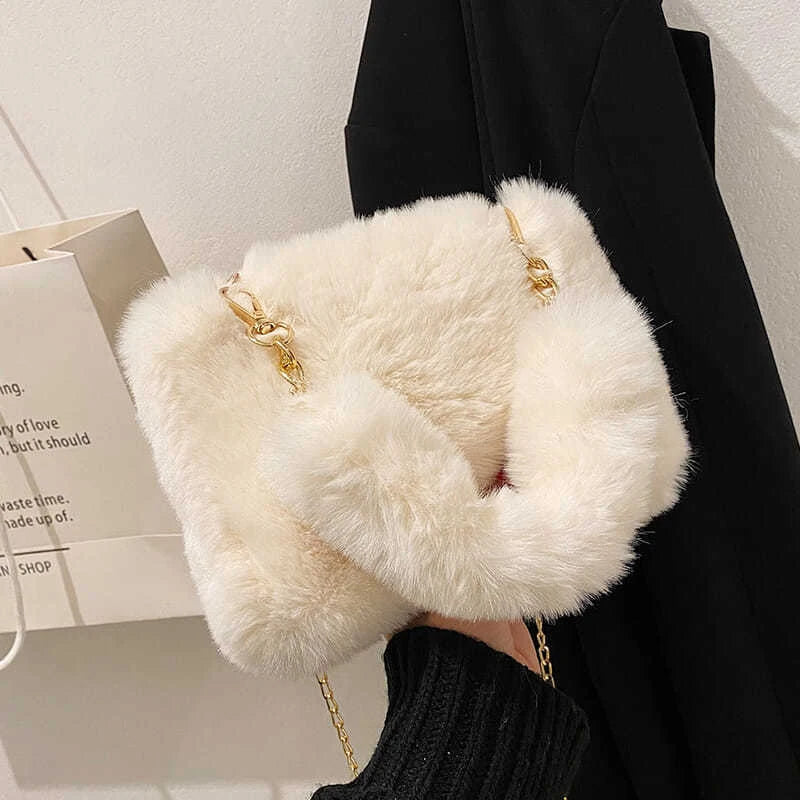Bolso de mano de piel sintética de felpa para otoño e invierno, bandolera pequeña con cadena cuadrada, bolso de compras cálido y esponjoso a la moda