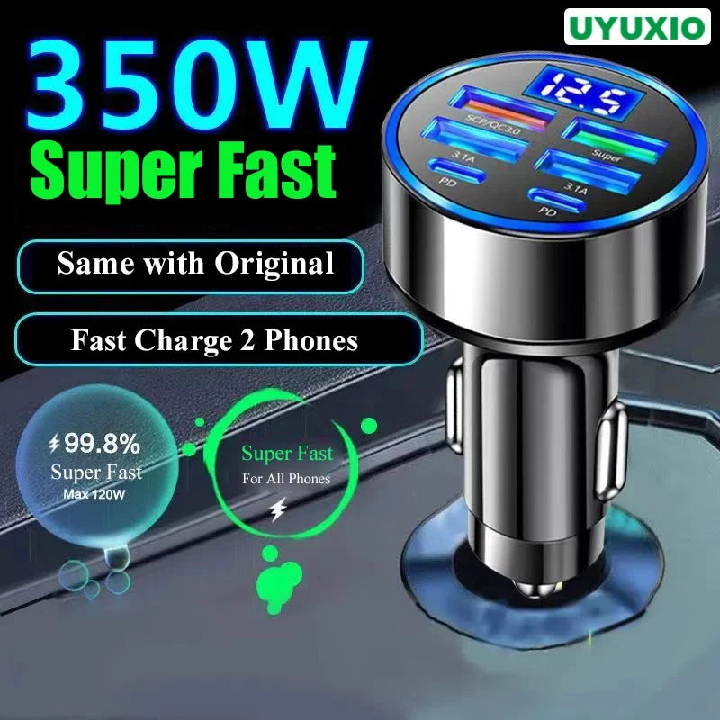 Adaptador de cargador de coche UYUXIO USB C con pantalla de voltaje 6 en 1 súper rápido en el coche para iPhone 16 15 Pro Max Samsung Android Phone