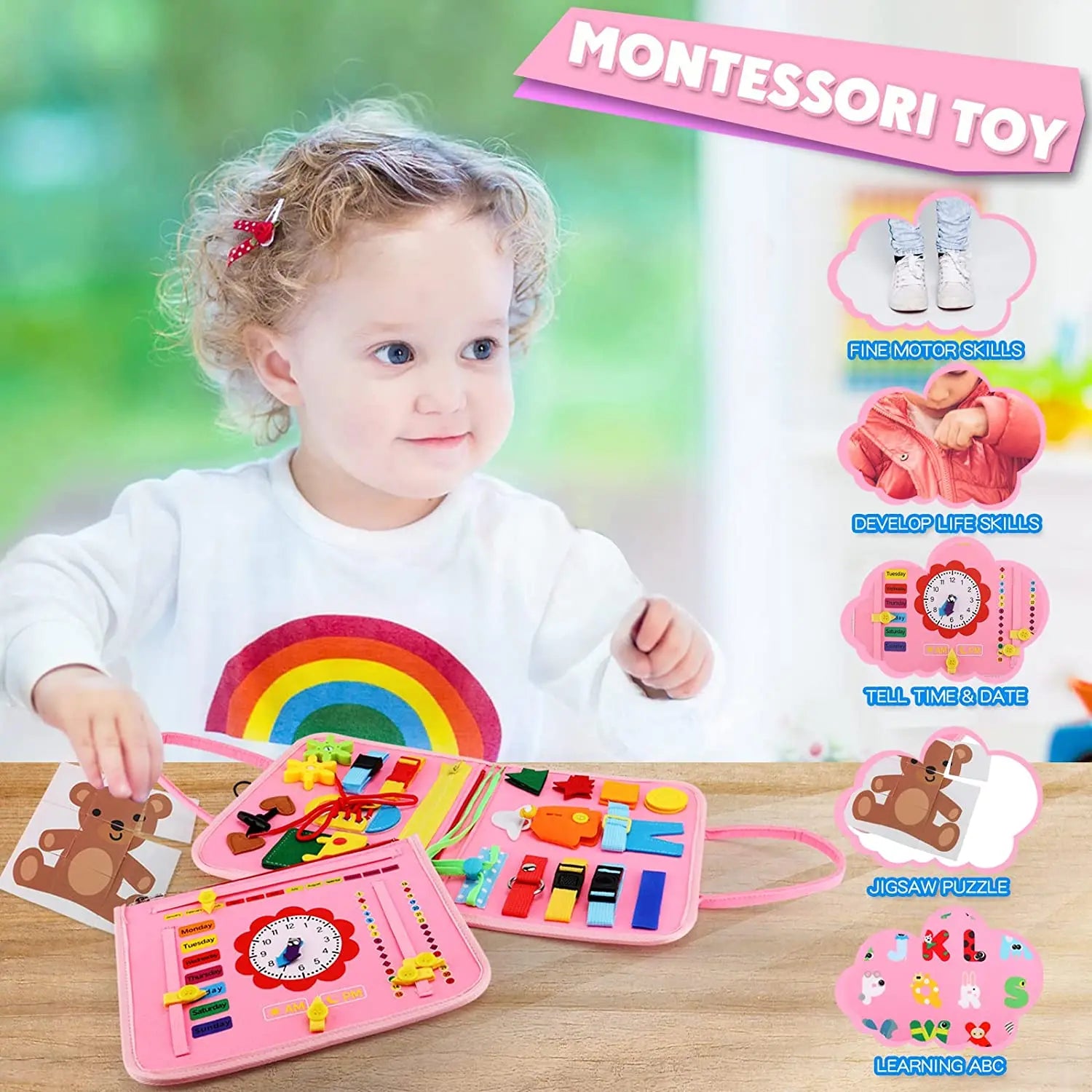 Juguetes Montessori, tablero ocupado, tablero de desarrollo de actividades sensoriales para niños pequeños para habilidades motoras, juguetes educativos de actividades de viaje