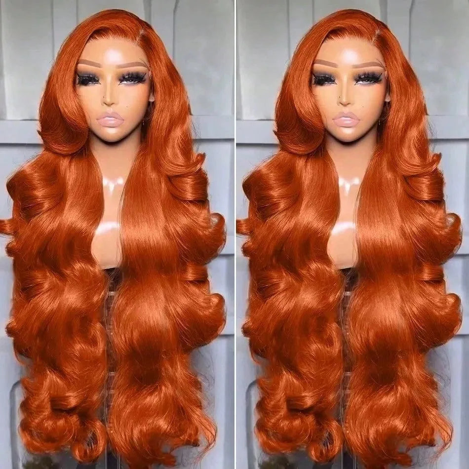 34 Pulgadas 350 #   Pelucas de Cabello Humano con Frente de Encaje Ondulado Color Borgoña Naranja Jengibre, Pre-Desplumadas, 200% de Densidad, Peluca de Cabello Humano con Frente de Encaje 13x4