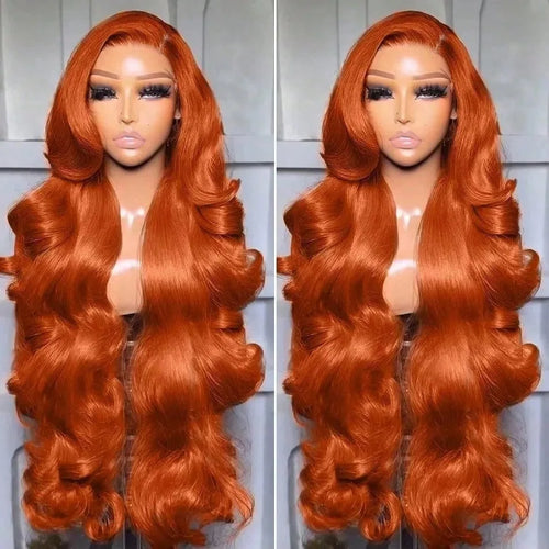 34 Pulgadas 350 #   Pelucas de Cabello Humano con Frente de Encaje Ondulado Color Borgoña Naranja Jengibre, Pre-Desplumadas, 200% de Densidad, Peluca de Cabello Humano con Frente de Encaje 13x4