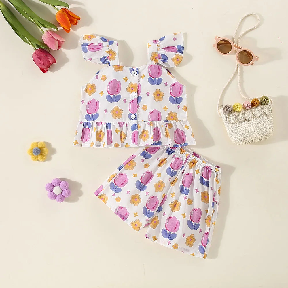 Conjunto de verano de 2 piezas con tirantes y pantalones cortos para niña, Top con tirantes de manga voladora pequeña con estampado de tulipán de dibujos animados