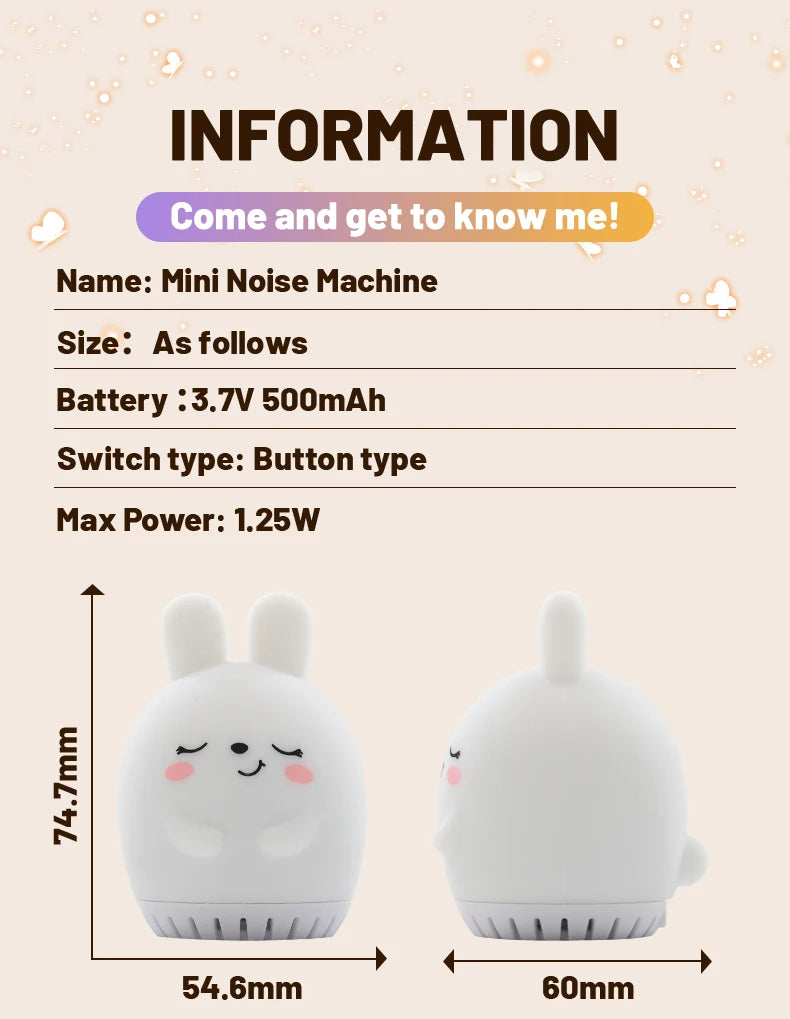 Mini máquina de ruido blanco de conejo bonito, luz LED nocturna, 20 música calmante para bebés, ayuda para dormir, lámpara de palmas de silicona para niños y niños