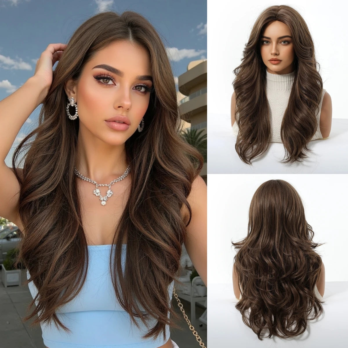 Pelucas Allbell Magique de largo ondulado en capas, pelo marrón miel con flequillo lateral para mujeres, pelucas sintéticas naturales resistentes al calor para uso diario