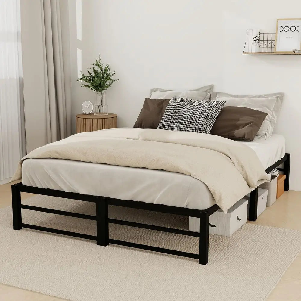 Cama Matrimonial Diseño Sin Tornillos 190x135x30CM, Marco de Metal con Plataforma, Gran Espacio de Almacenamiento, Base de Cama
