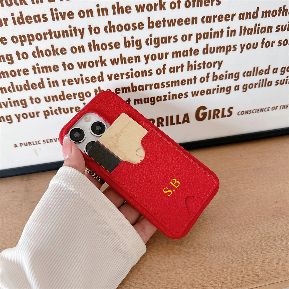 Funda Retro personalizada con nombre de cuero para tarjetas, funda tipo billetera antigolpes para iPhone 15 14 13 12 11 Pro Max 14 15 Plus