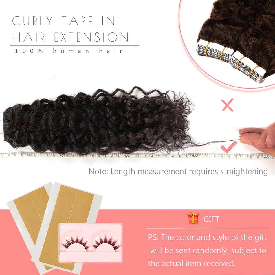 Cinta de onda de agua en extensión de cabello humano, cinta de trama de piel de cabello brasileño en cabello humano rizado, Color negro, marrón y Rubio, 20 piezas por juego