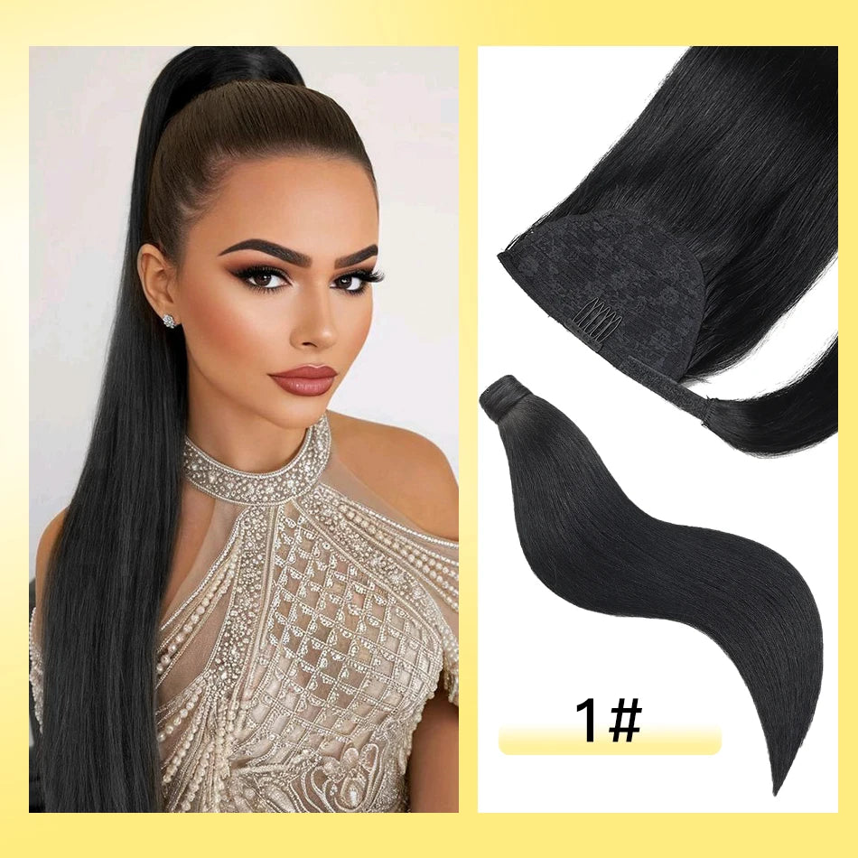 Cola de Caballo de cabello humano Yelo, Clip envolvente en pieza de cabello, extensión de cola de caballo, cabello humano liso con pasta mágica
