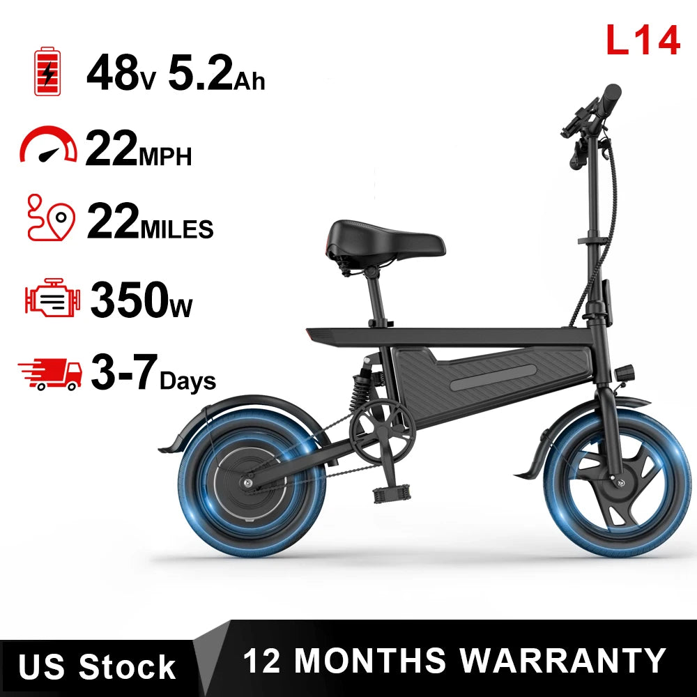 Bicicleta eléctrica plegable de 14 pulgadas, Motor sin escobillas de 350W, batería de 48V y 9Ah, velocidad máxima de 22MPH, 28 millas de largo alcance para adultos