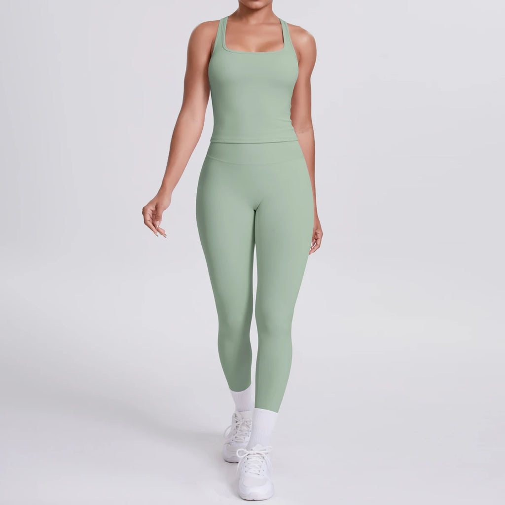 Hamidou - Conjunto de yoga de 2 piezas para mujer: leggings de fitness de secado rápido con efecto push-up y top deportivo con espalda en I de color liso.