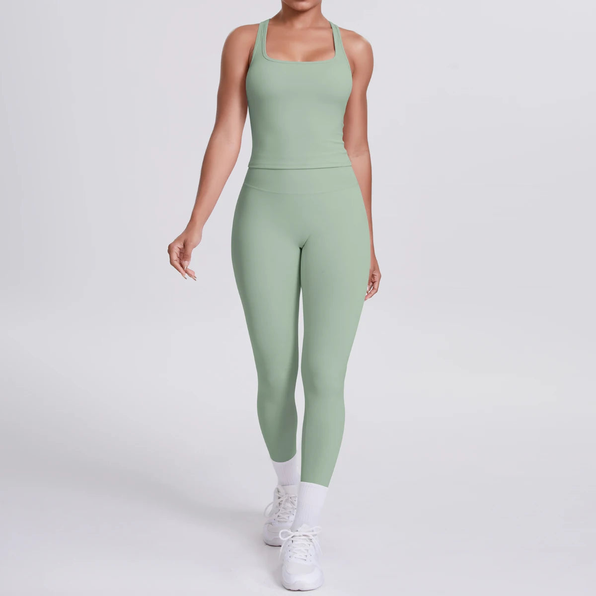 Hamidou - Conjunto de yoga de 2 piezas para mujer: leggings de fitness de secado rápido con efecto push-up y top deportivo con espalda en I de color liso.