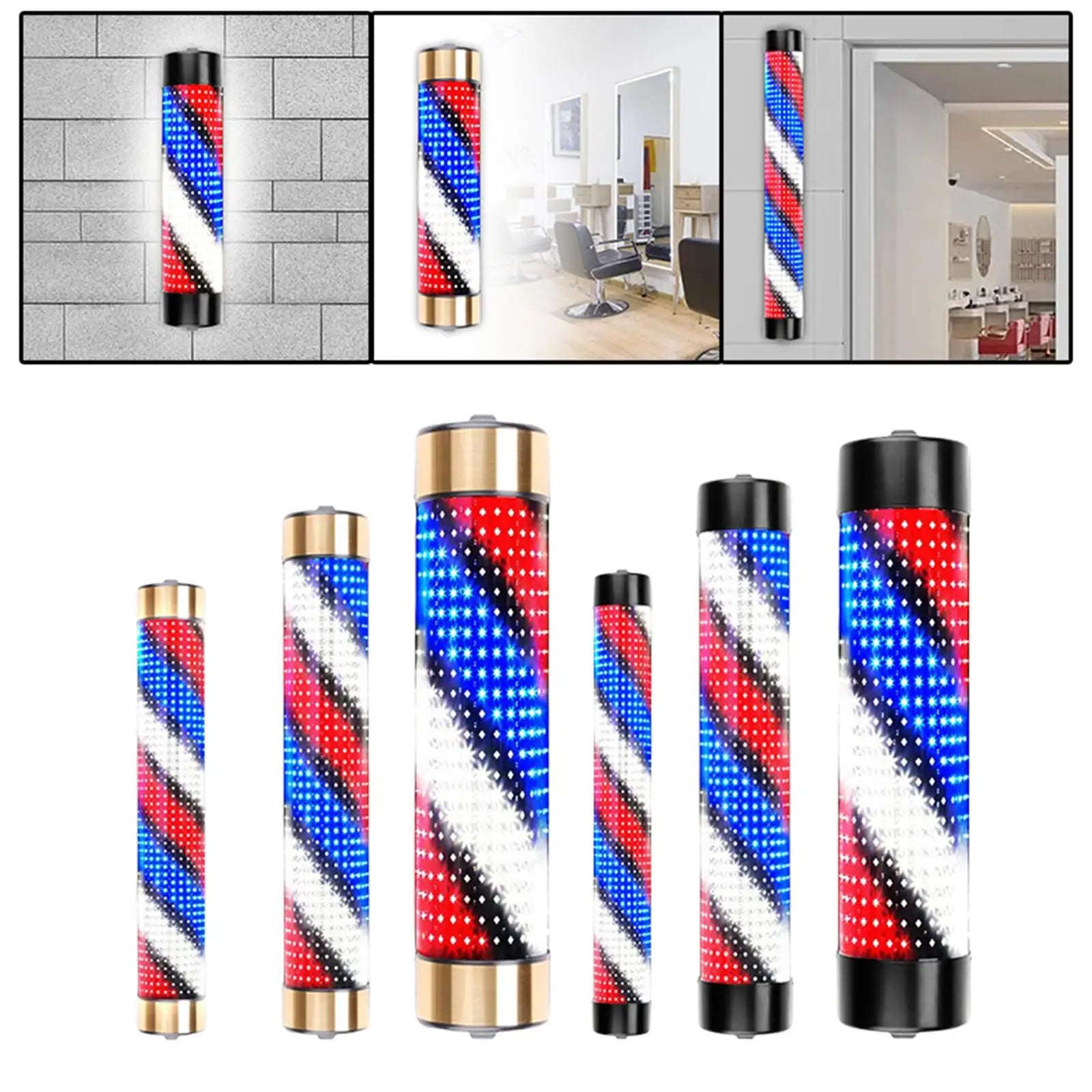Luces de rayas de luz giratorias blancas, azules y rojas, impermeables, para barbería