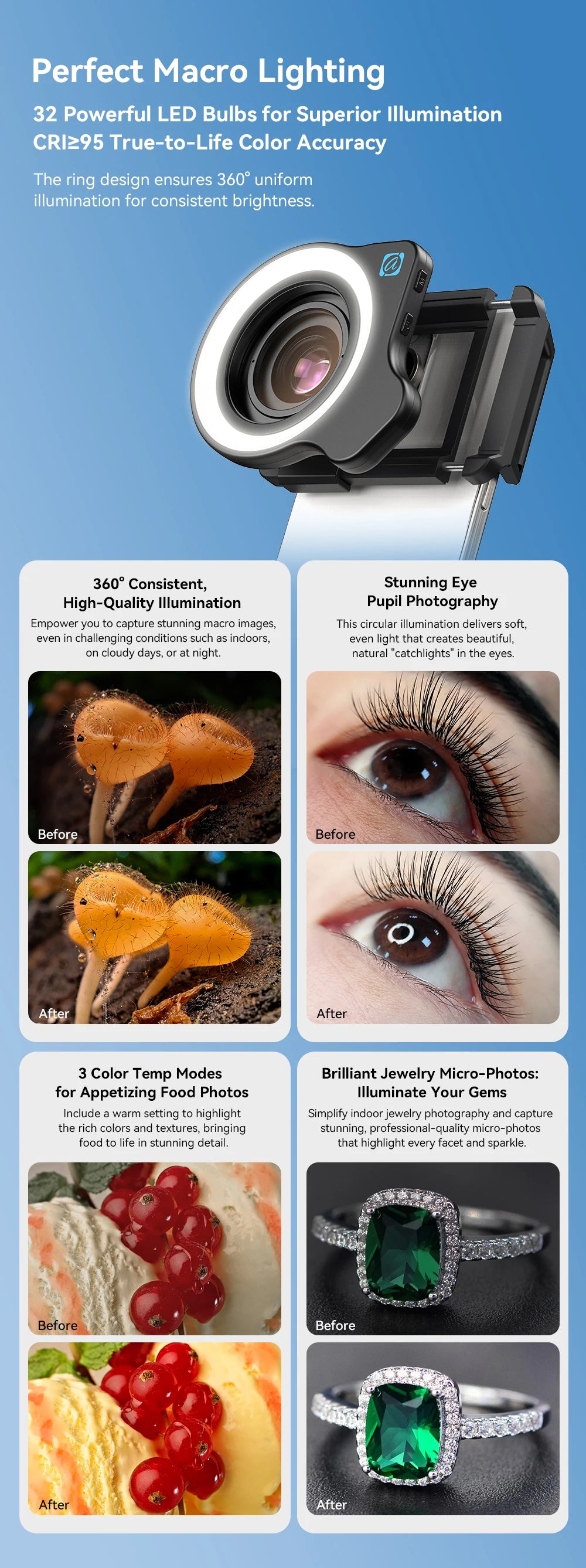 APEXEL 10-20X Zoom Macro lente HD Micro lentes de cámara de teléfono con luz de relleno LED para iPhone Samsung todos los teléfonos inteligentes Macro de pestañas