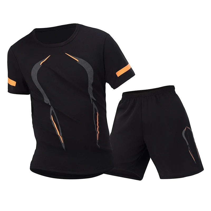 Conjunto de manga corta para hombre de las cuatro estaciones, camiseta estampada de secado rápido para deportes juveniles, Fitness, correr, cómodo e informal, 2 piezas