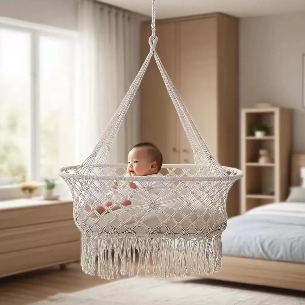 Cuna para Bebé, Cesta Colgante y Columpio Portátil para Guardería Infantil con Flecos de Cuerda