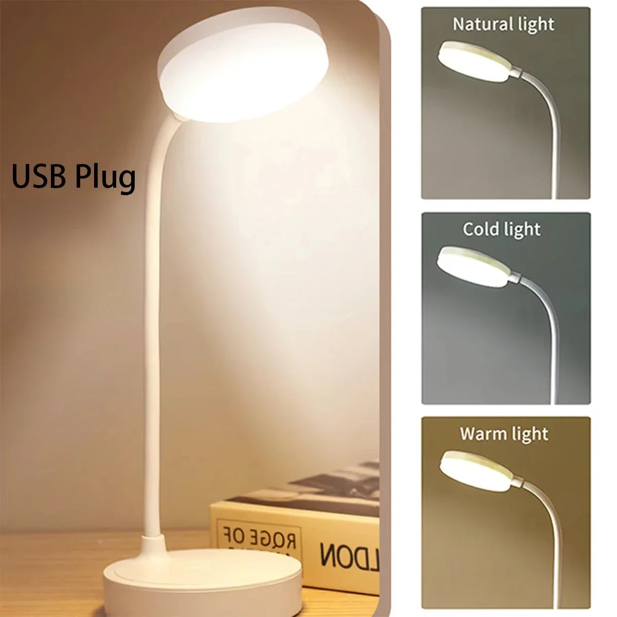Lámpara de escritorio LED flexible con atenuador de 3 niveles, alimentada por USB, cuidado de los ojos, luz blanca cálida, perfecta para el hogar, la oficina, la lectura, el estudio