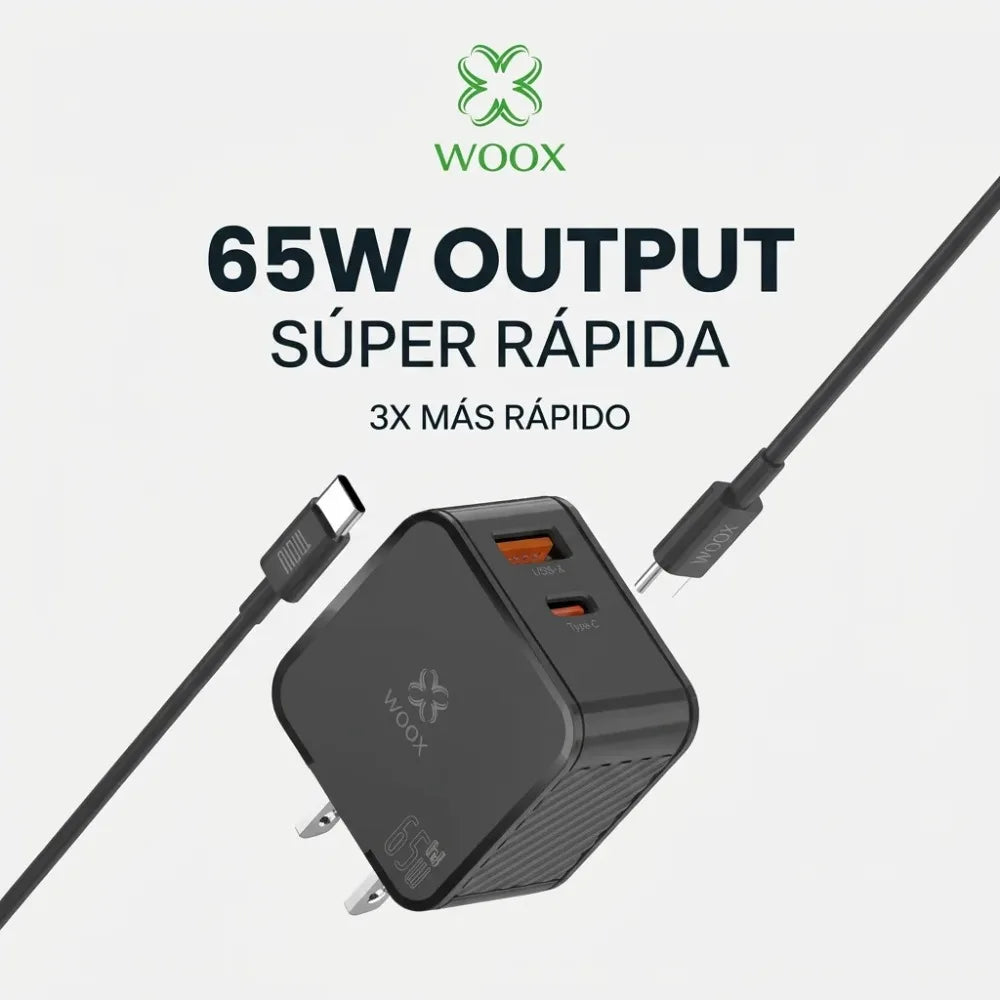 Cargador Rápido Woox 65W GaN con Cable de 100W, 2 Puertos Compactos (USB-C PD y USB-A) para iPhone 17, Teléfono Android, Ordenador Portátil