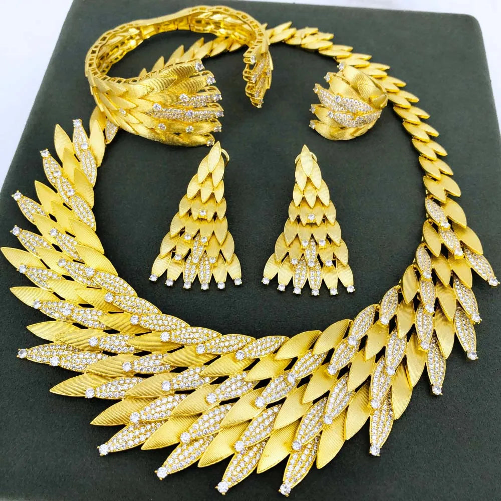 GODKI Nuevo Conjunto de Joyería Africana de Lujo con Hojas de Arce, 4 Piezas, para Mujer, Boda, Fiesta, Circonita Cúbica, Joyería Nupcial India