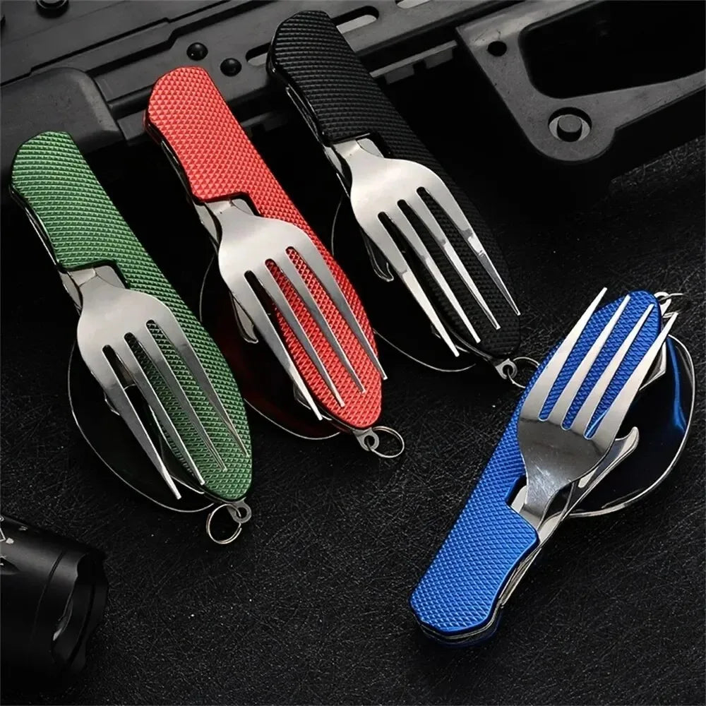 Juego de utensilios de camping plegables 4 en 1, cuchillo multifuncional, tenedor, cuchara, abridor de botellas para supervivencia al aire libre, deportes, camping y senderismo.