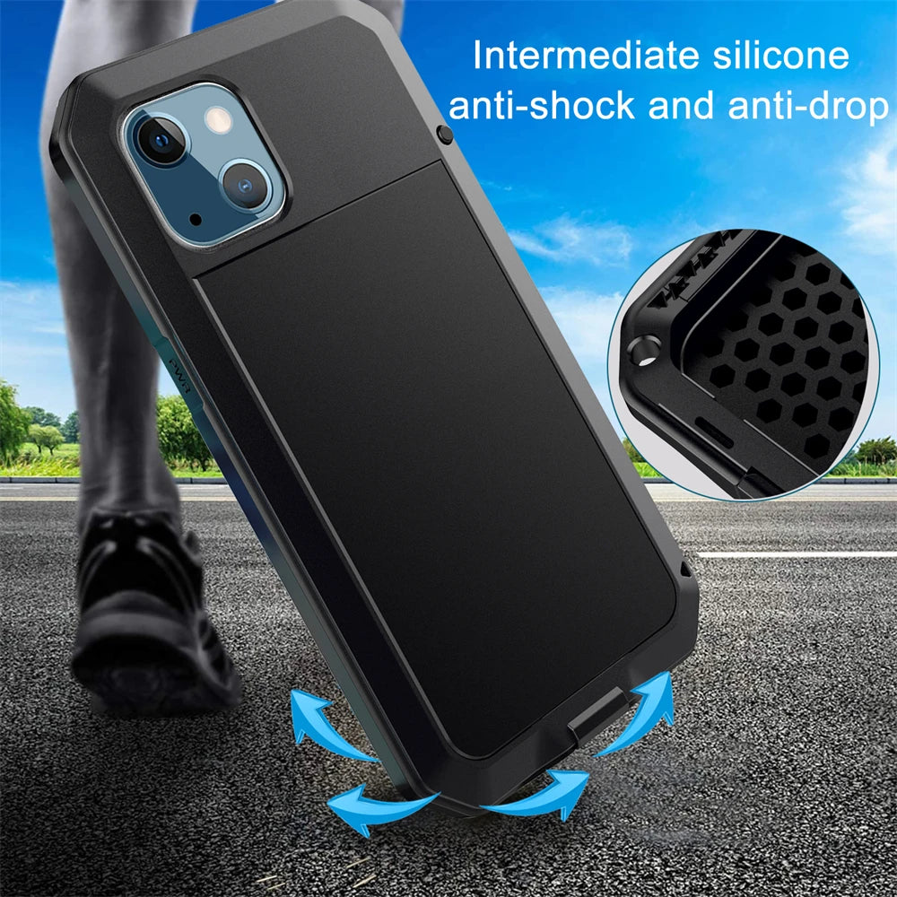 Funda protectora Armor resistente para iPhone 16 7 8 Plus XR Xs 11 12 13 15 16 Pro Max 14 Plus SE 360 cubierta de tanque de Metal a prueba de golpes