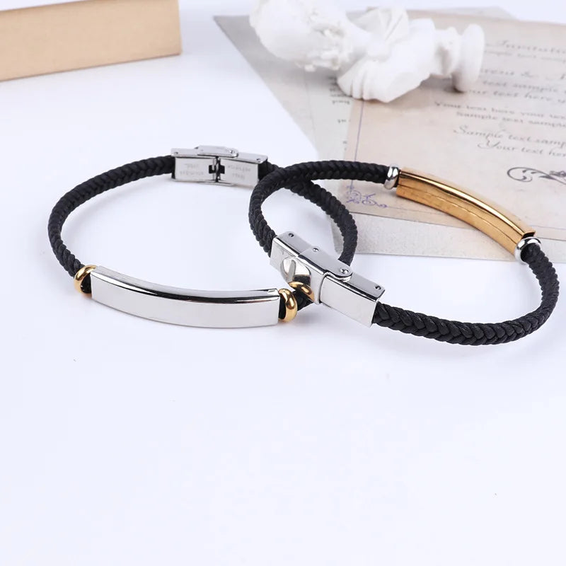 Pulsera Punk fina de cuero con nombre personalizado para hombre, pulseras personalizadas de acero inoxidable para mujer y hombre, pulsera de identificación