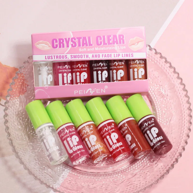 Juego de 6 piezas de brillo de labios con espejo de cristal, bálsamo labial ligero hidratante, brillo brillante, tinte transparente, melocotón, cereza, rosa
