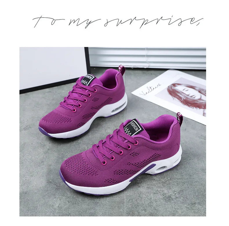 Zapatos deportivos transpirables con amortiguación de aire para mujer, zapatillas informales con cordones cruzados y tacón plano con punta redonda de estilo coreano