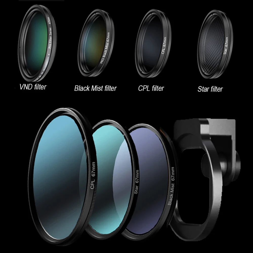 Juego de filtros de 67 mm Lente de teléfono Incluye filtro ND variable CPL Star Negro Suave con clip de metal para teléfonos inteligentes iPhone Teléfono móvil