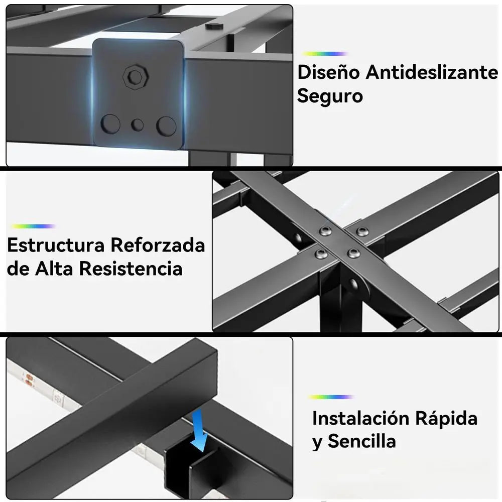 Base de Cama Matrimonial Flotante con Luces LED Ajustables, Regleta de Enchufes con USB, Plataforma de Metal con Listones de Acero