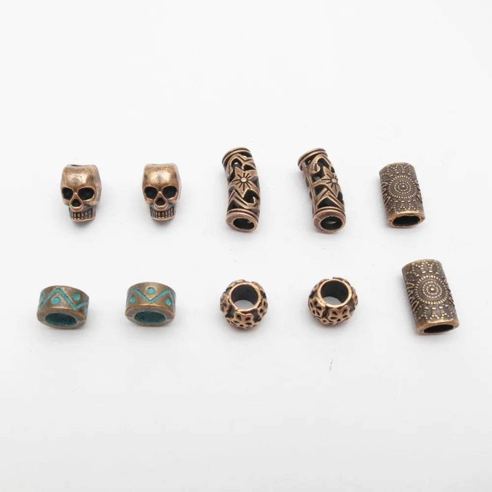 10 Uds. De cuentas de cobre rojo, trenza de pelo, cuentas para rastas, cuentas espaciadoras, estampado de calavera y flor para suministros de joyería, accesorios ﻿