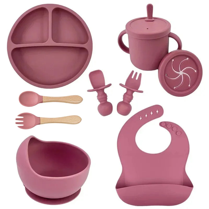 Juego de alimentación de bebé de silicona sin BPA, cuenco con ventosa, plato de comedor, taza de paja, cuchara, tenedores para niños, vajilla para bebés, platos para niños