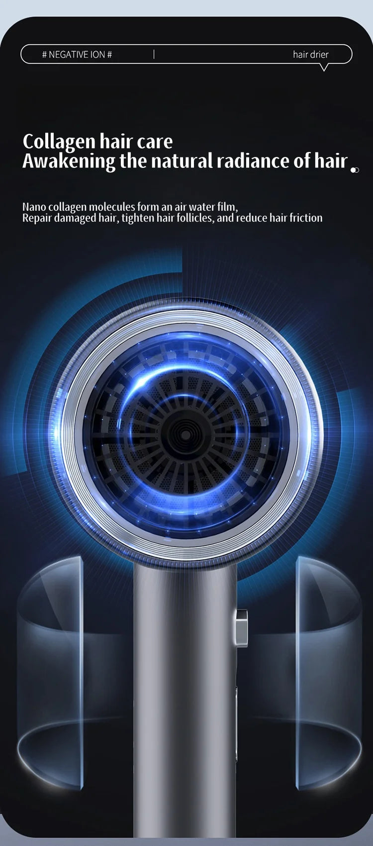 Secador de Pelo de Alta Velocidad de 110000 RPM con Luz Azul 3D de Iones Negativos, Cuidado del Cabello, Silencioso, Difusor para el Hogar y Salón de Belleza, 220V