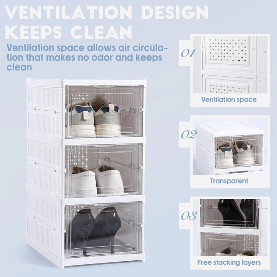 Zapatero apilable de plástico transparente, caja de almacenamiento de zapatillas, organizador de zapatos plegable, a prueba de polvo, gabinete de ahorro de espacio