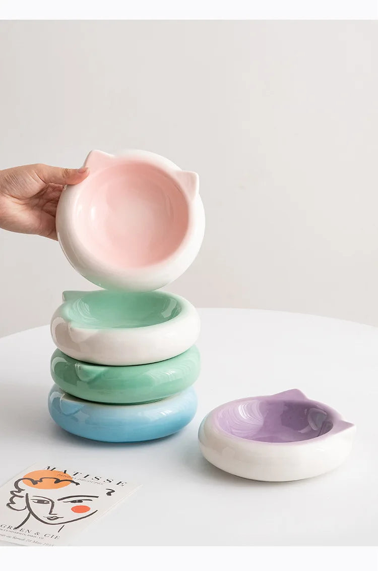 Cuenco de comida con forma de oreja de gato de fondo plano de cerámica creativo, plato de comedor, suministros antisuciedad para mascotas, cuenco para beber