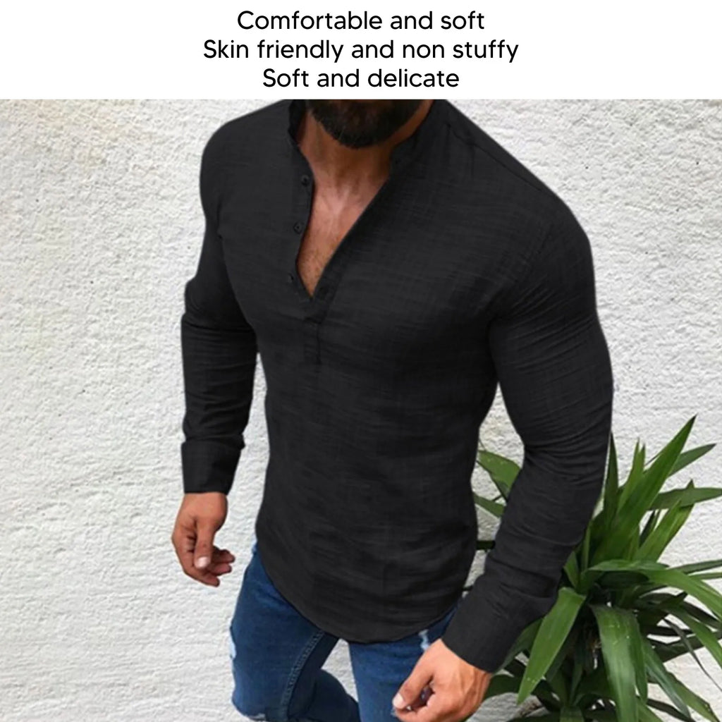 Top de manga larga para hombre, camisa de manga larga ajustada informal con botones suaves en la parte delantera, Color liso, manga larga para hombre