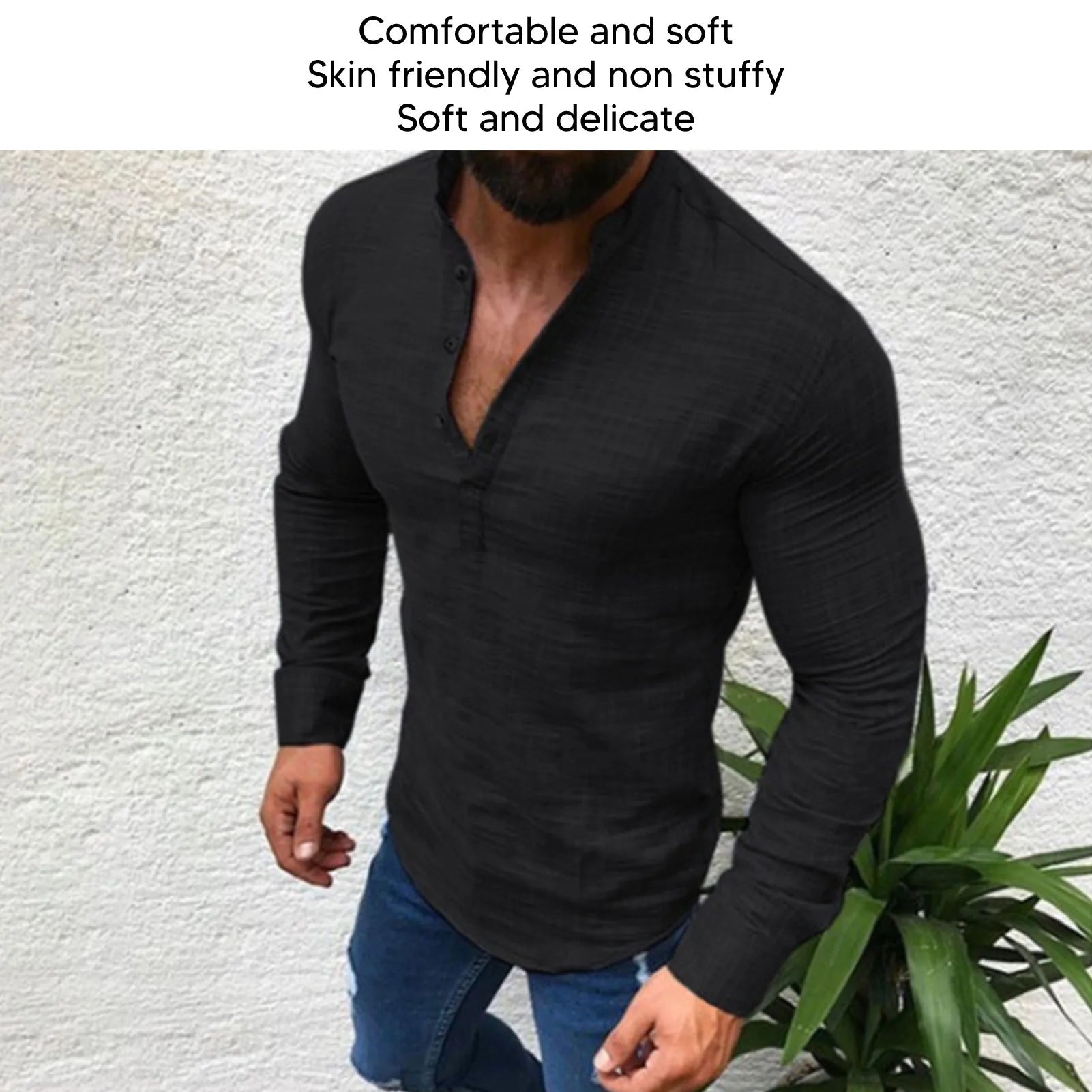 Top de manga larga para hombre, camisa de manga larga ajustada informal con botones suaves en la parte delantera, Color liso, manga larga para hombre