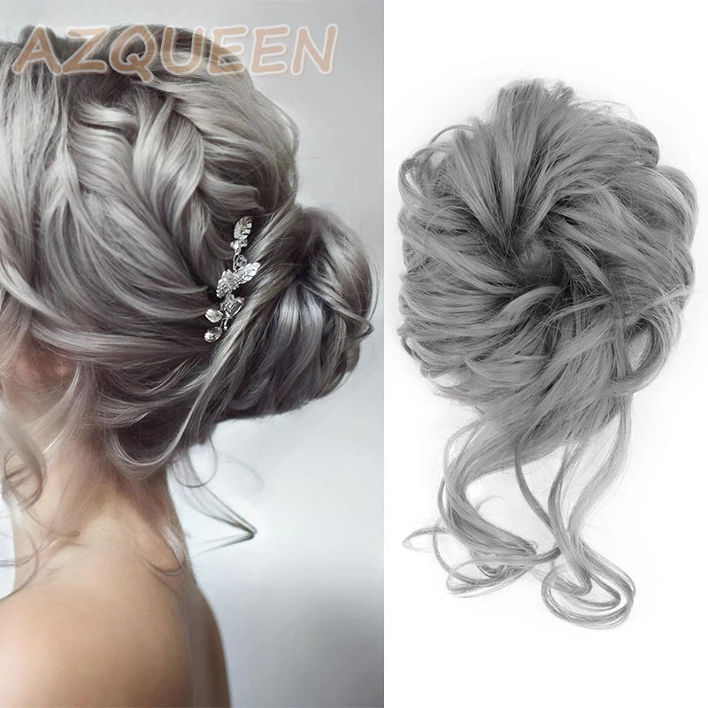 AZQUEEN moño de pelo sintético moño Natural gris desordenado banda para el cabello rizado elástico Scrunchy piezas de cabello falso para mujeres horquillas