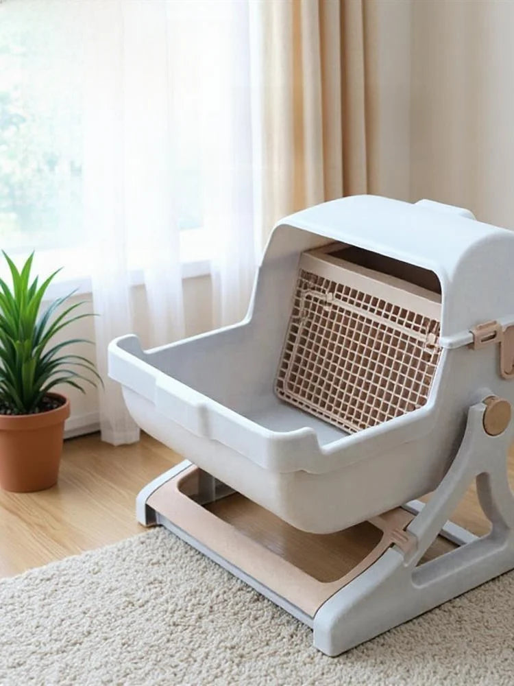 Caja de arena extra grande para gatos, semicerrada, sin arena, con limpieza automática, diseño portátil para gatos grandes, a...