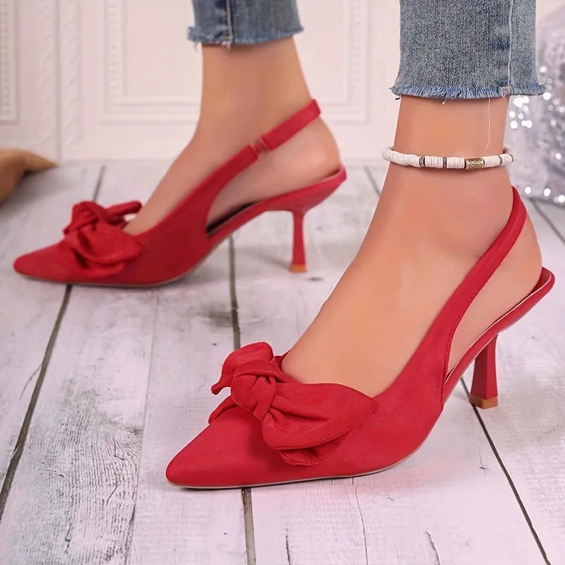 Zapatos cómodos para mujer, sandalias con tacones de aguja, pajarita, traje de verano para mujer, color morado, talla grande, nuevas niñas, puntiagudos bajos, altos, negros grandes