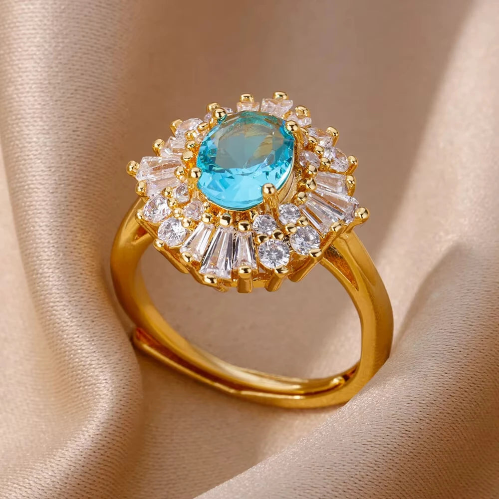 Anillos de acero inoxidable de lujo chapados en oro, piedra colorida, anillo de corazón de cristal de circón para mujer, joyería Bohemia de boda, regalo de Navidad