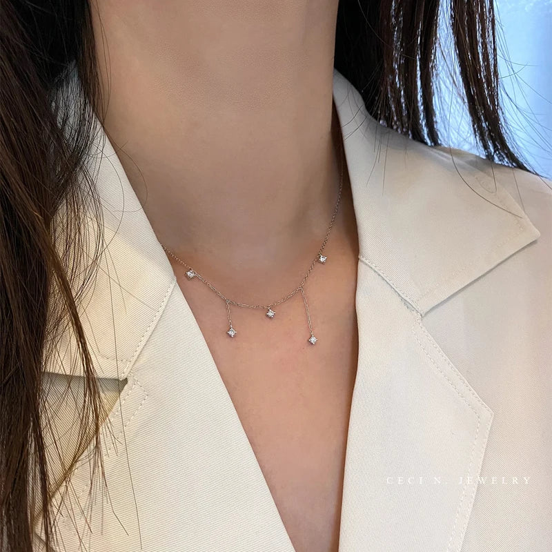 Collar con dijes de estrella de circón de Plata de Ley 925 para mujer, gargantilla elegante de lujo chapada en oro de 18k, collar con cadena O, joyería de boda