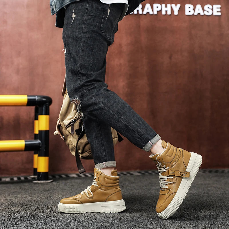 Botines de Cuero de moda, zapatillas de Skate para hombre, cómodas, antideslizantes, suela resistente al desgaste, botas de invierno, zapatos informales de calle Preppy